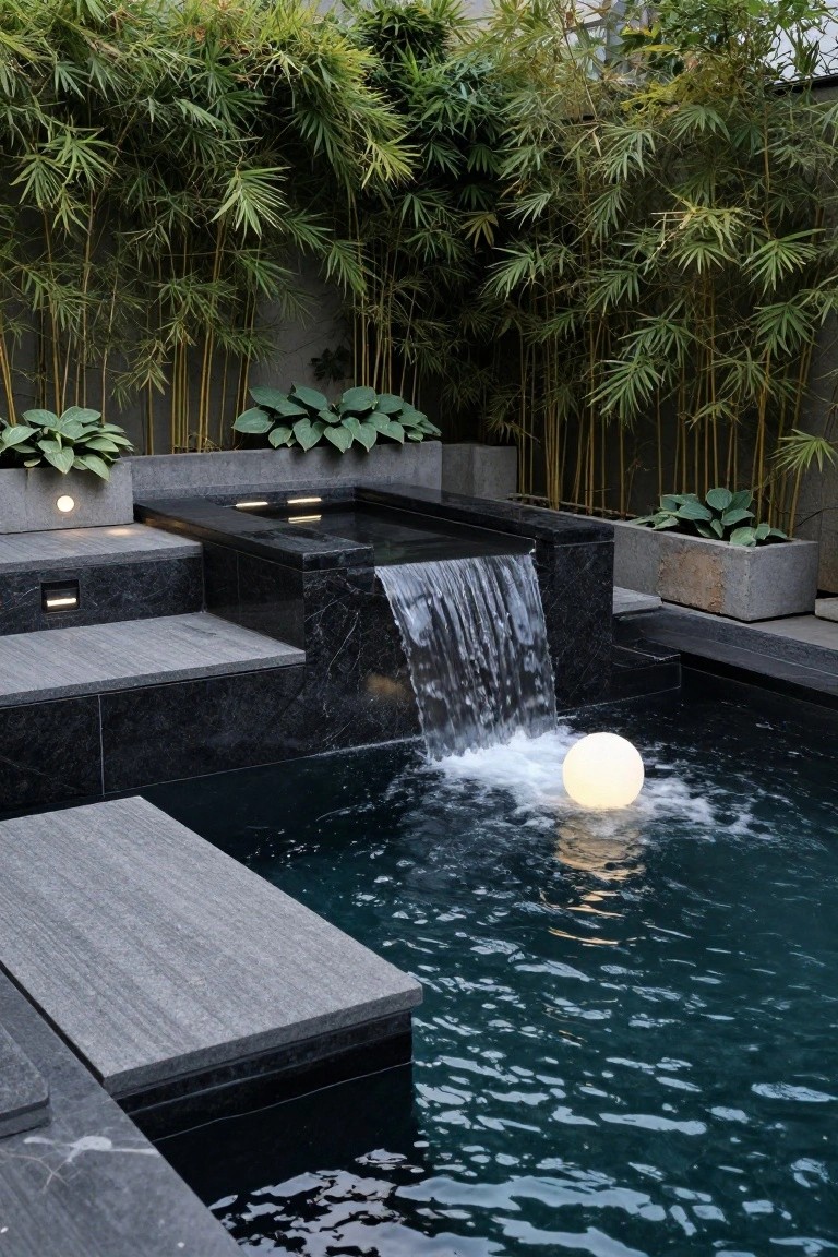 Outdoor pool area with black stone steps featuring integrated LED lights, a waterfall flowing into dark water with a glowing white orb floating inside, surrounded by bamboo screens and potted plants.