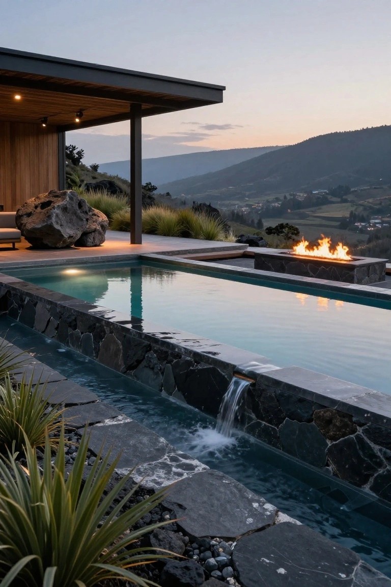 Infinity-edge pool with black stone walls and waterfall, lit from underwater at dusk, linear gas fire pit nearby, wooden pergola with recessed lights, outdoor loungers, large boulder, grasses, and distant valley view.