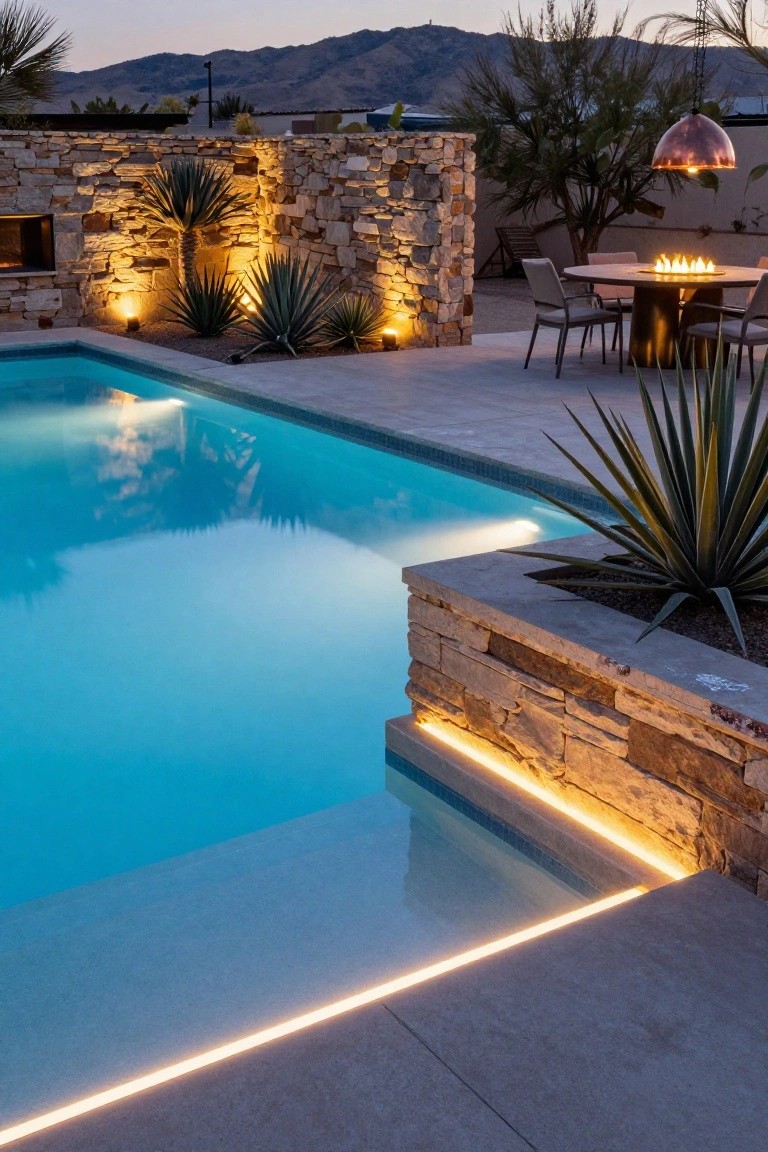 Outdoor infinity-edge pool at dusk with linear LED strip lights along the coping and walls, surrounded by stone retaining walls, agave plants, a round gas fire pit table with chairs, and distant mountains.