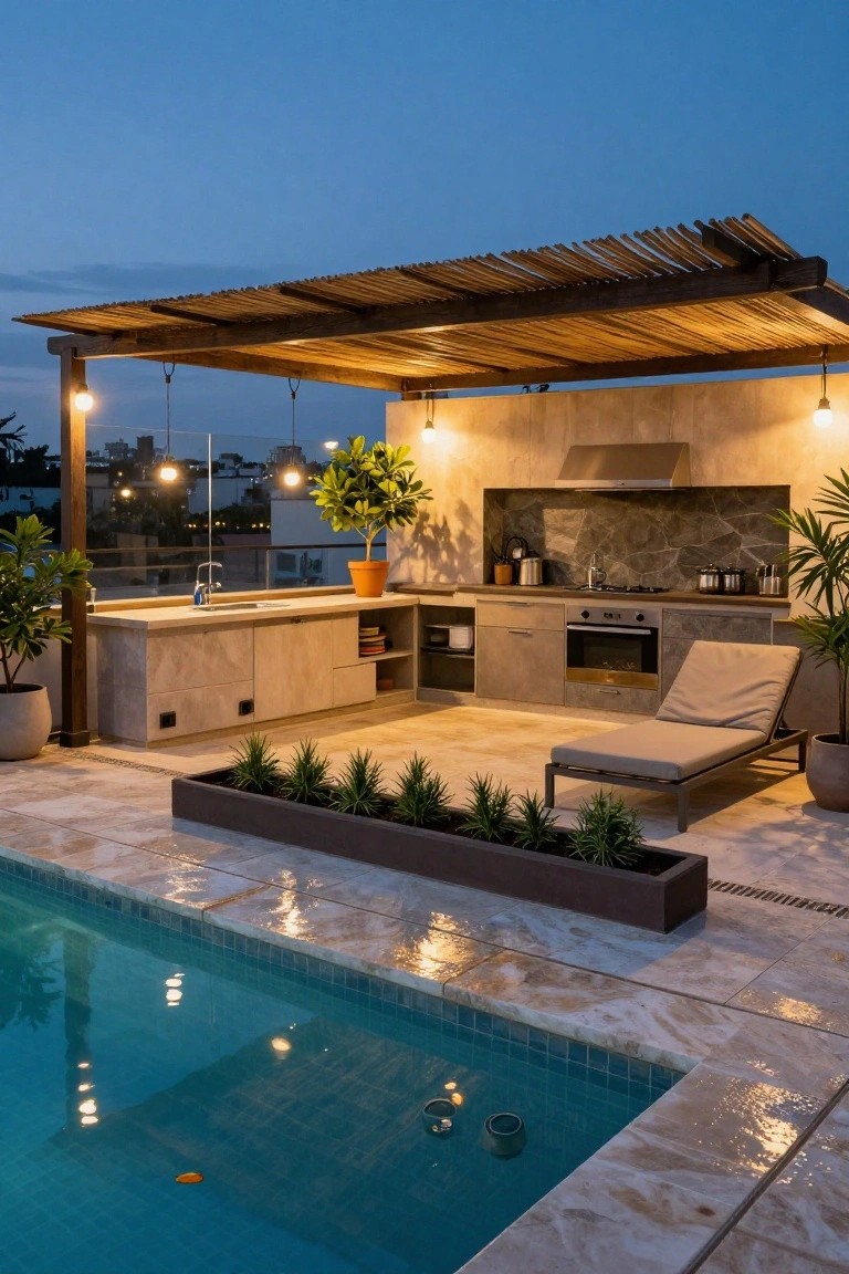Rooftop terrace at dusk with wooden pergola strung with hanging bulb lights, outdoor kitchen with stone counters and appliances, lounge chair, plants in pots and planters, turquoise pool, and tiled deck.