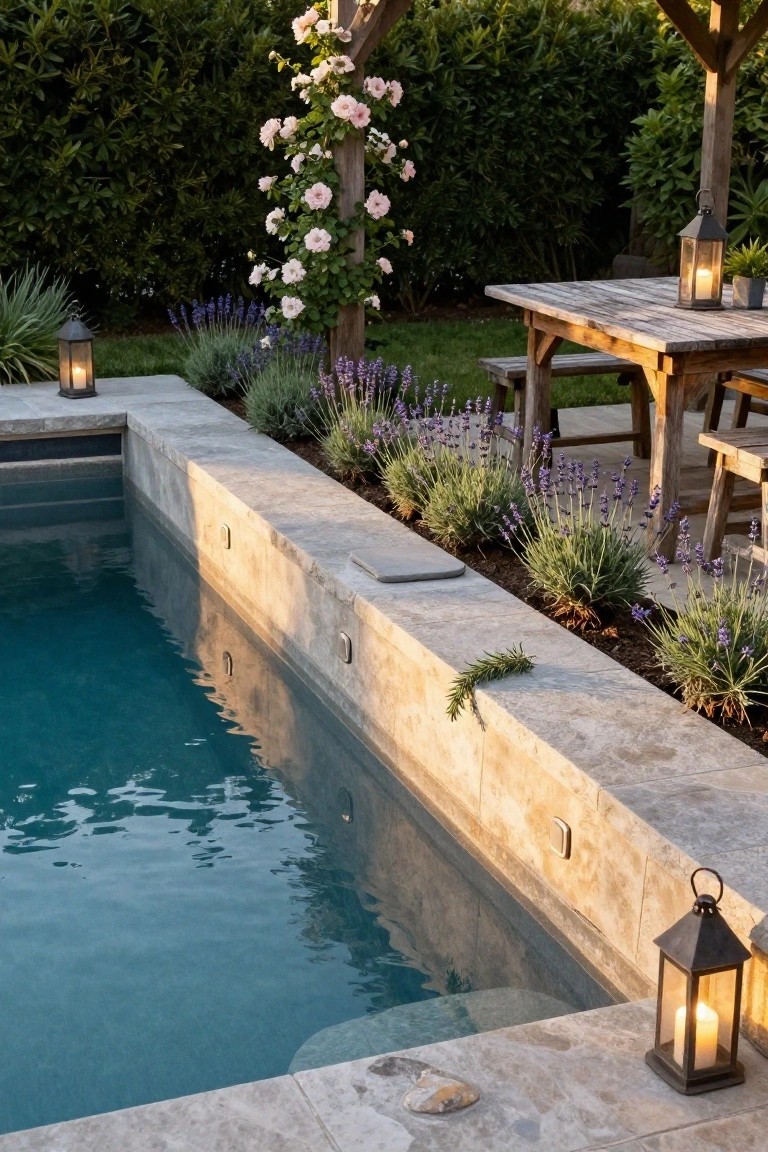 Turquoise pool with gray stone coping edged by lavender plants and rosemary sprig, lit by candles in black metal lanterns on the edge and table, wooden pergola with pink roses, benches, and hedges in the background at dusk.