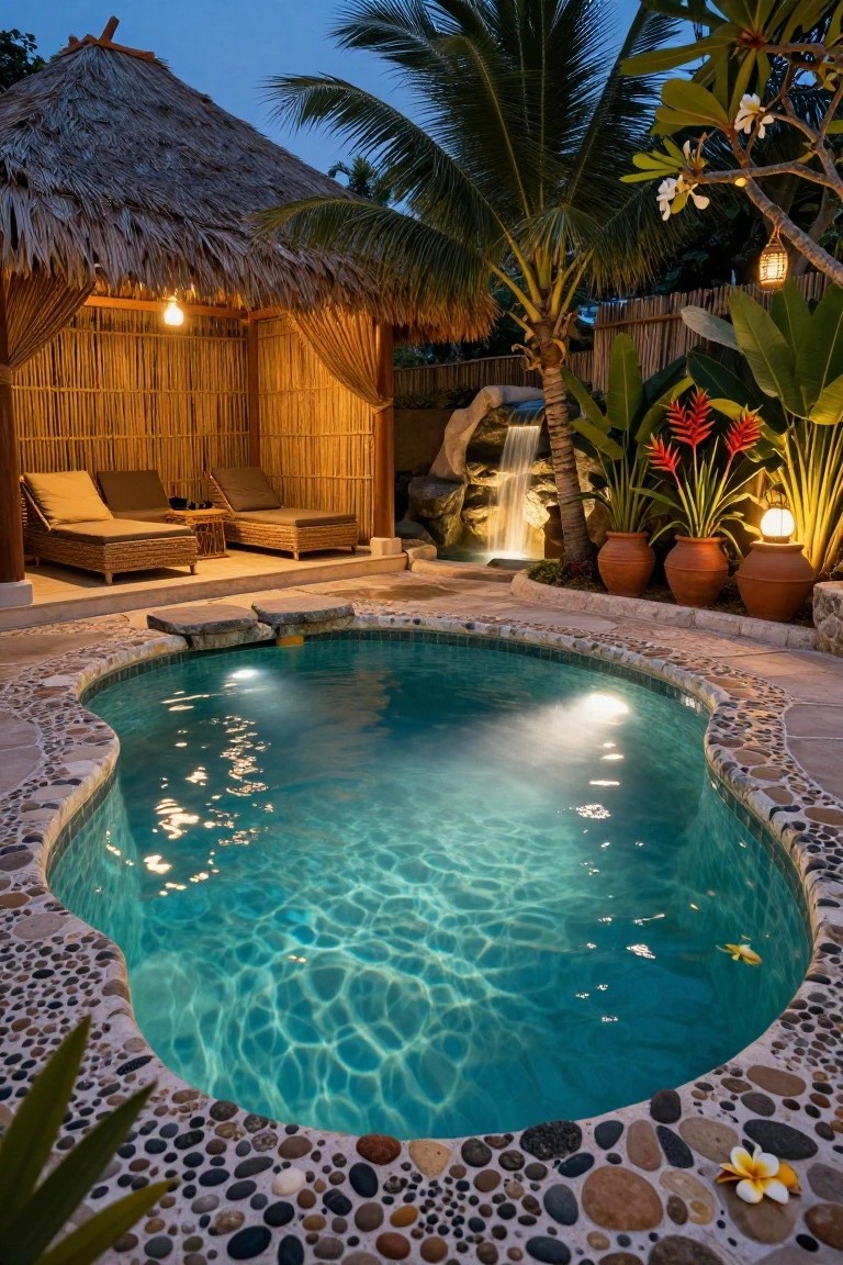 Nighttime photo of an oval-shaped pool with pebble stone edging and blue underwater lighting, next to a bamboo pavilion with two loungers, tropical plants, lanterns, and a small waterfall.