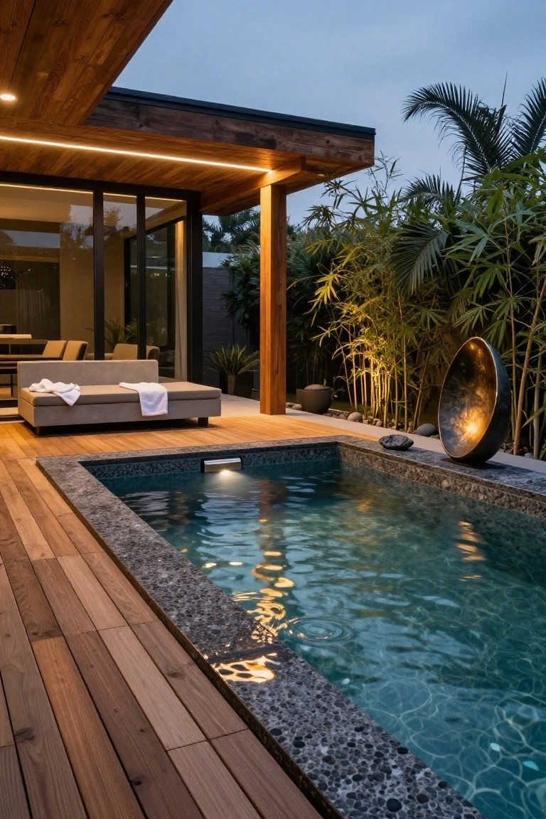 Wooden deck surrounding a small rectangular pool with glowing blue underwater lights, a daybed with white towels nearby, lit bamboo plants and sculpture, and a modern glass-walled house visible at dusk.
