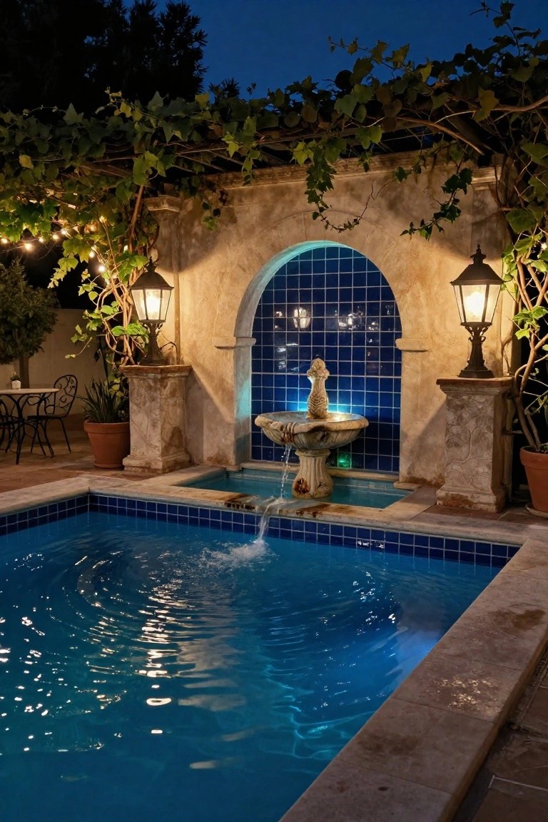 Nighttime photo of a small blue-tiled pool next to a stone fountain in a blue-tiled arched alcove, flanked by two lit pedestal lanterns, with string lights in overhead vines and potted plants nearby.