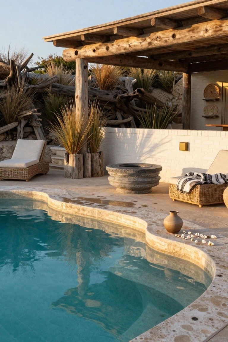 Curved turquoise pool with stone edging surrounded by rattan loungers, potted grasses and ceramics, driftwood accents, white brick wall with brass light fixture, and wooden pergola structure.