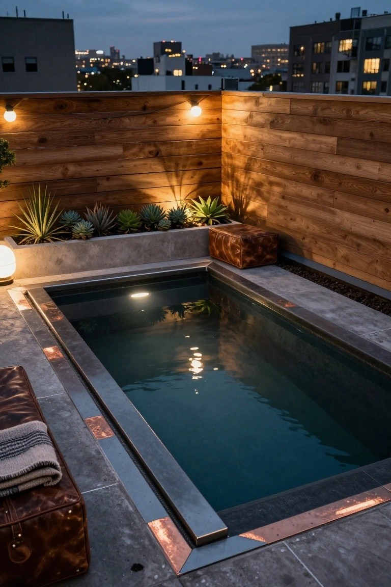 Small rectangular plunge pool on a wooden-decked rooftop terrace at dusk, lit from underwater with blue glow, surrounded by wooden fence, succulents in concrete planters, leather poufs, and city buildings in background.
