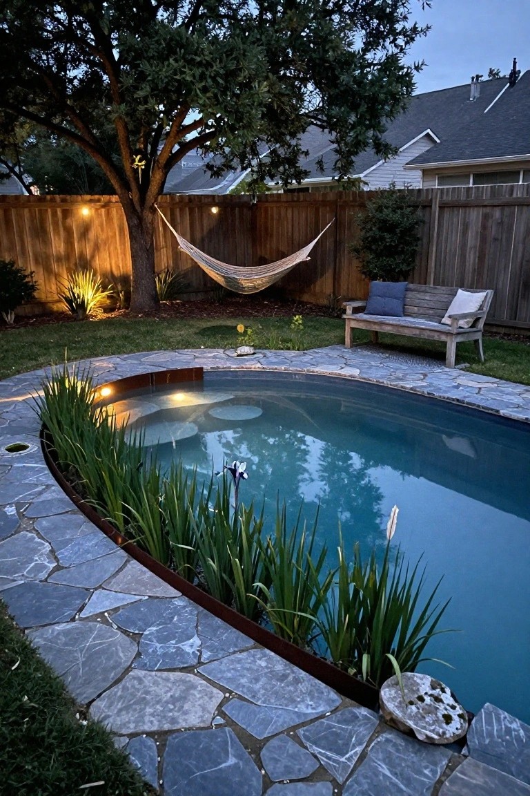 Curved backyard pool with blue water glowing from underwater and edge lights at dusk, surrounded by blue stone pavers, iris plants, grasses, hammock, wooden bench, and fence.