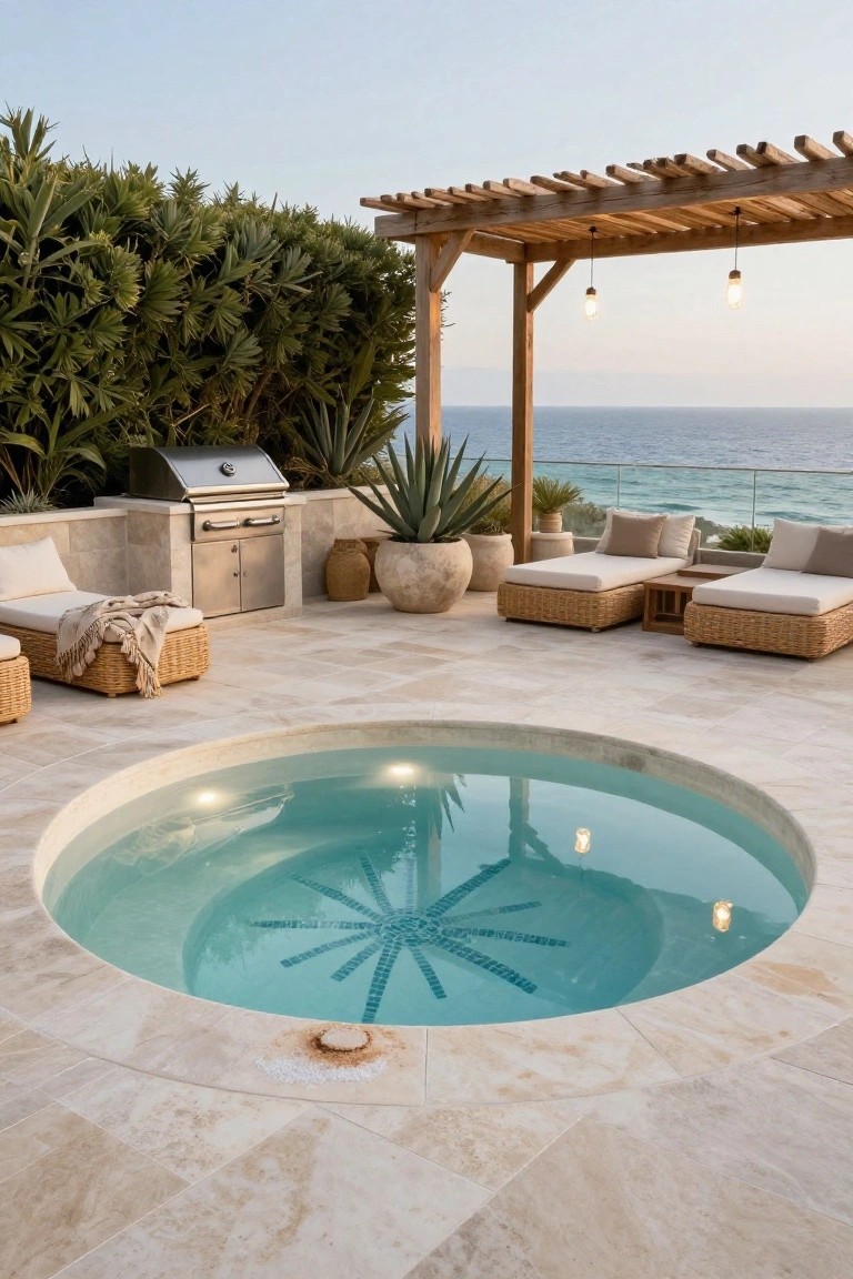 Rooftop terrace with a circular in-ground hot tub lit from underwater showing a turquoise mosaic star pattern, travertine tile decking, rattan lounge chairs with cushions and throws, built-in barbecue, potted succulents and agaves, wooden pergola with hanging bulb lights, and ocean view beyond glass railing.