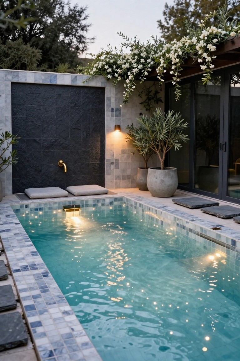 A small rectangular pool with turquoise water and blue mosaic tiles illuminated by underwater and edge lights, surrounded by gray stone decking, cushioned seats, potted olive trees, climbing white flowers on a wooden pergola, and a dark stone wall with brass faucet and light fixture.