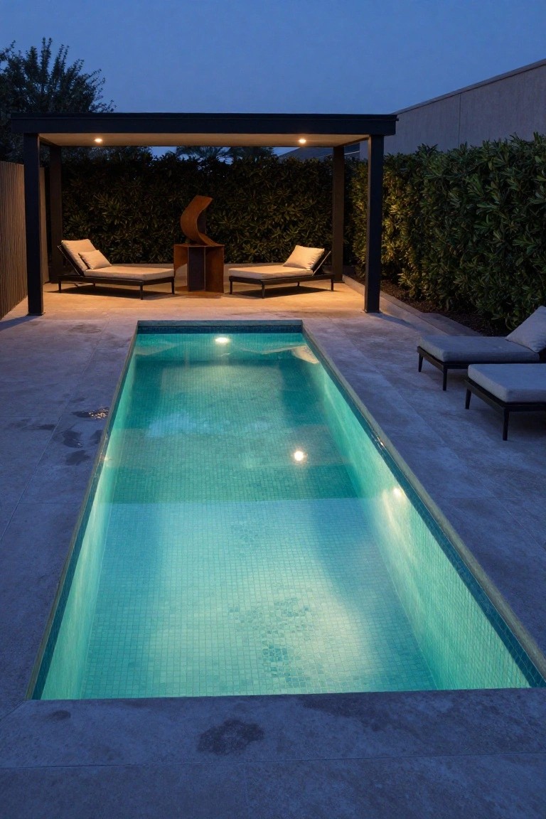 Rectangular pool with glowing turquoise mosaic tiles and water at dusk, flanked by lounge chairs under a pergola with a metal sculpture, hedges, and concrete decking.