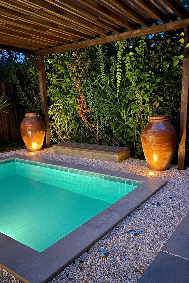 Nighttime view of a small turquoise-tiled pool edged in pebbles and dark stone, flanked by two large terracotta pots with interior uplights, lush green vertical garden wall, wooden slat pergola overhead, and in-ground lights along the pool.