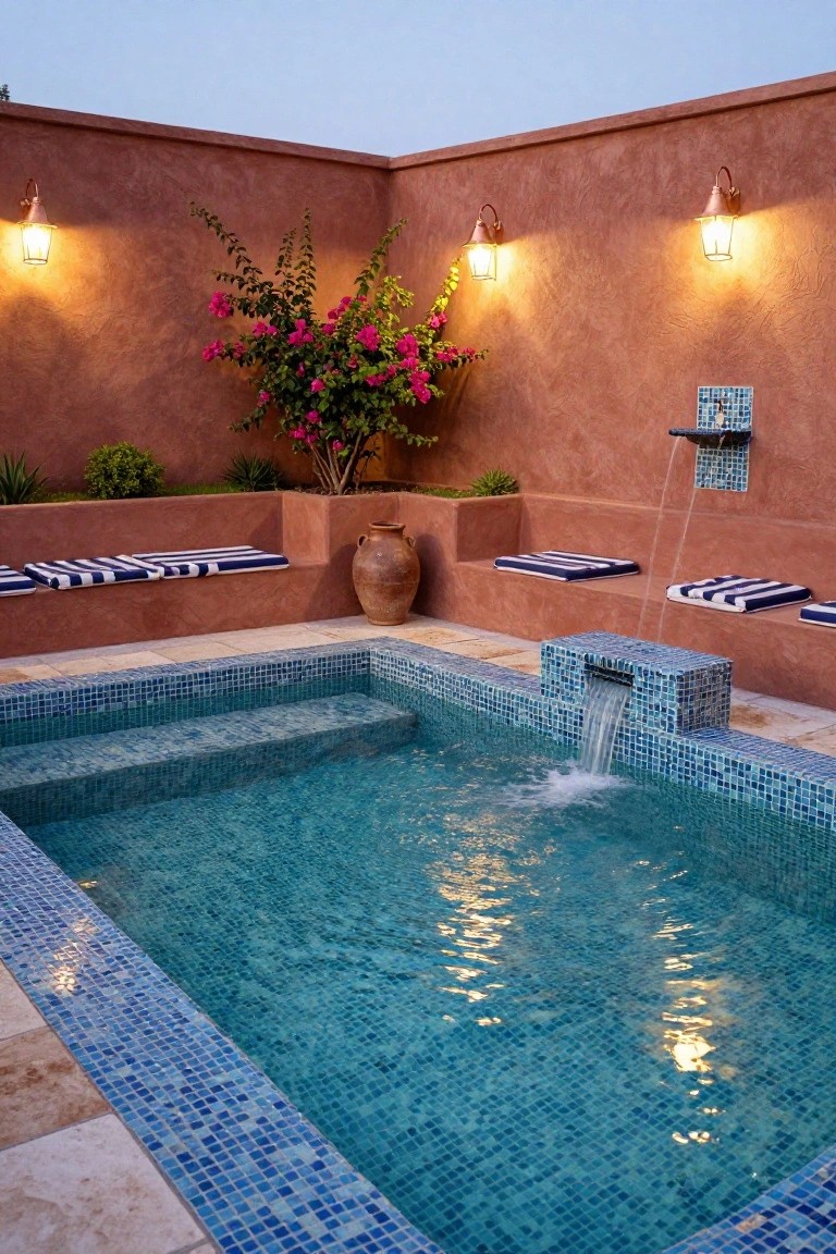 Small turquoise mosaic-tiled plunge pool in a terracotta-walled corner with wall-mounted lanterns, blue and white striped cushions on benches, bougainvillea vines, potted plants, and a waterfall feature.