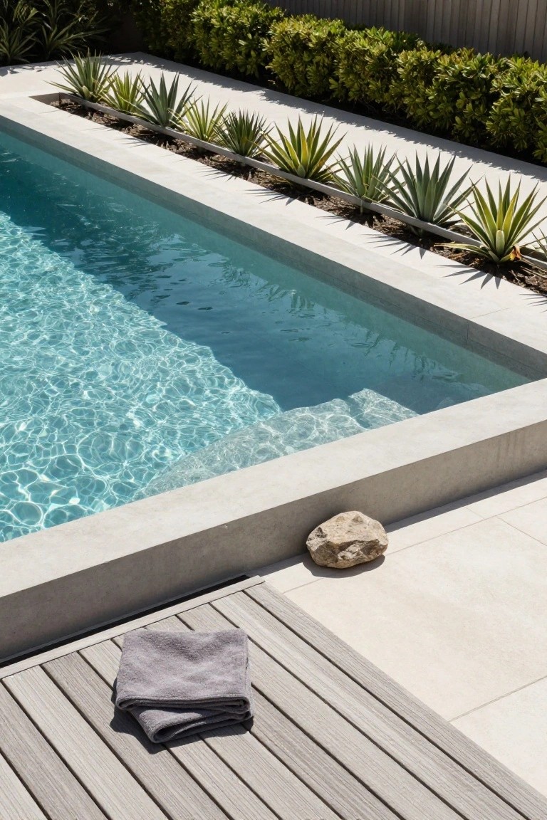 Vertical photo of a turquoise semi-inground pool with concrete coping and embedded linear planters of agave succulents along one edge, gray wood decking with a folded towel, stone pavers and a rock nearby, green hedges and fence in the background.