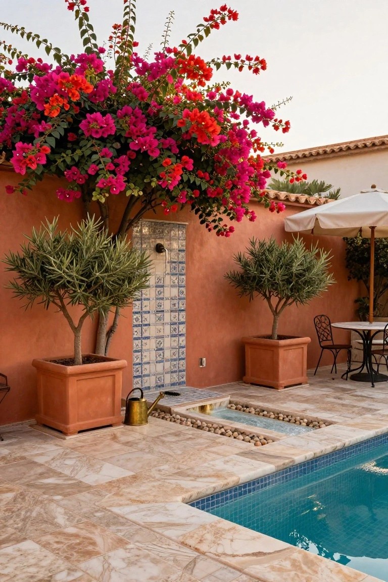 Terracotta wall covered in cascading pink bougainvillea next to a semi-inground turquoise pool with travertine decking, flanked by potted olive trees, outdoor shower on blue tiled wall section, pebble-lined water channels, and nearby bistro table with chairs under white umbrella.