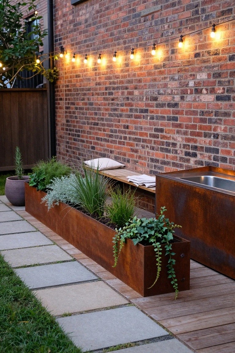 Narrow backyard garden area with long rectangular corten steel planters filled with grasses, herbs, and ivy along a brick wall, string lights overhead, wooden bench with cushions, stainless steel outdoor sink, paver path, and wooden deck beside grass.