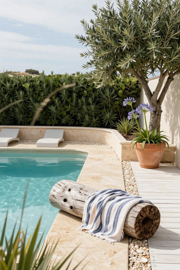 A turquoise semi-inground pool with beige stone coping and pebble border, white loungers nearby, a large weathered driftwood log draped with a blue and white striped towel at the edge, olive tree, potted agapanthus, and green hedge in the background.