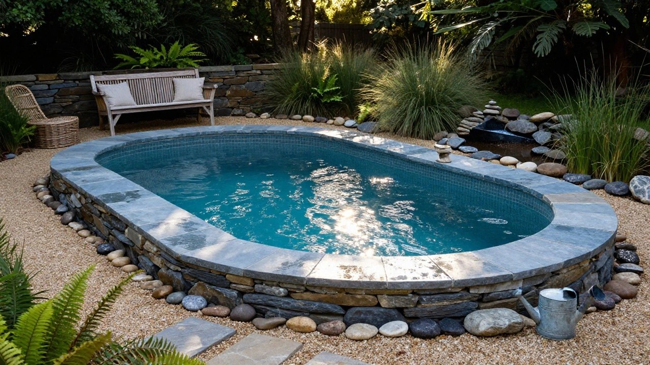 Oval semi-inground pool with turquoise water edged in irregular blue and beige stone tiles, surrounded by gravel, stacked rocks, ferns, grasses, and two wicker armchairs in a garden.