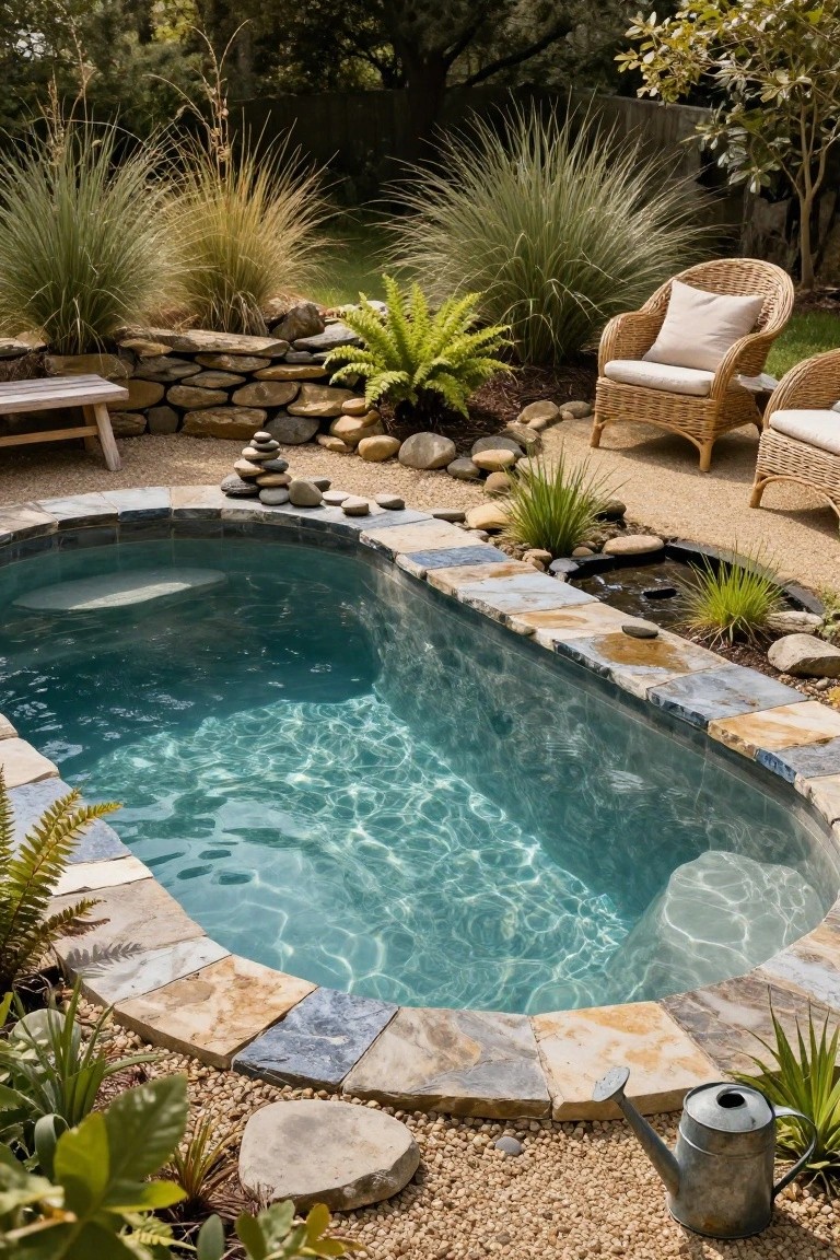 Oval semi-inground pool with turquoise water edged in irregular blue and beige stone tiles, surrounded by gravel, stacked rocks, ferns, grasses, and two wicker armchairs in a garden.