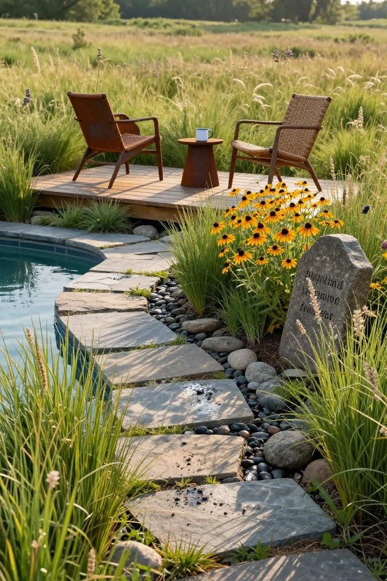 Curved path of irregular gray stone slabs and pebbles leading to a blue semi-inground pool, edged with tall green grasses, yellow black-eyed Susan flowers, and a tall engraved stone marker on a landscaped edge with a wooden deck and chairs nearby.