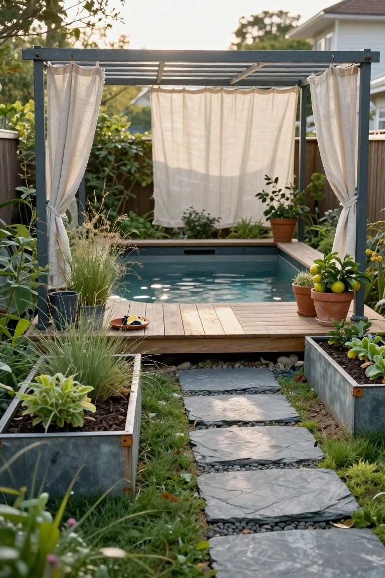 Small turquoise semi-inground pool on a wooden deck under a black metal pergola draped with white sheer curtains, surrounded by potted plants, raised metal garden beds, ornamental grasses, and a stone path in a backyard garden.