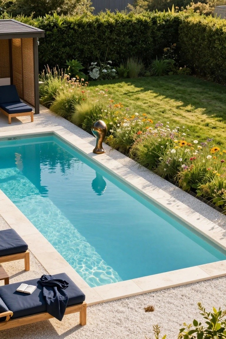 Overhead view of a rectangular semi-inground pool with clear blue water, white stone coping, gravel surround, dense planting beds of grasses and mixed flowers along one side, a bronze head sculpture at the pool edge, and two navy blue loungers on the gravel.