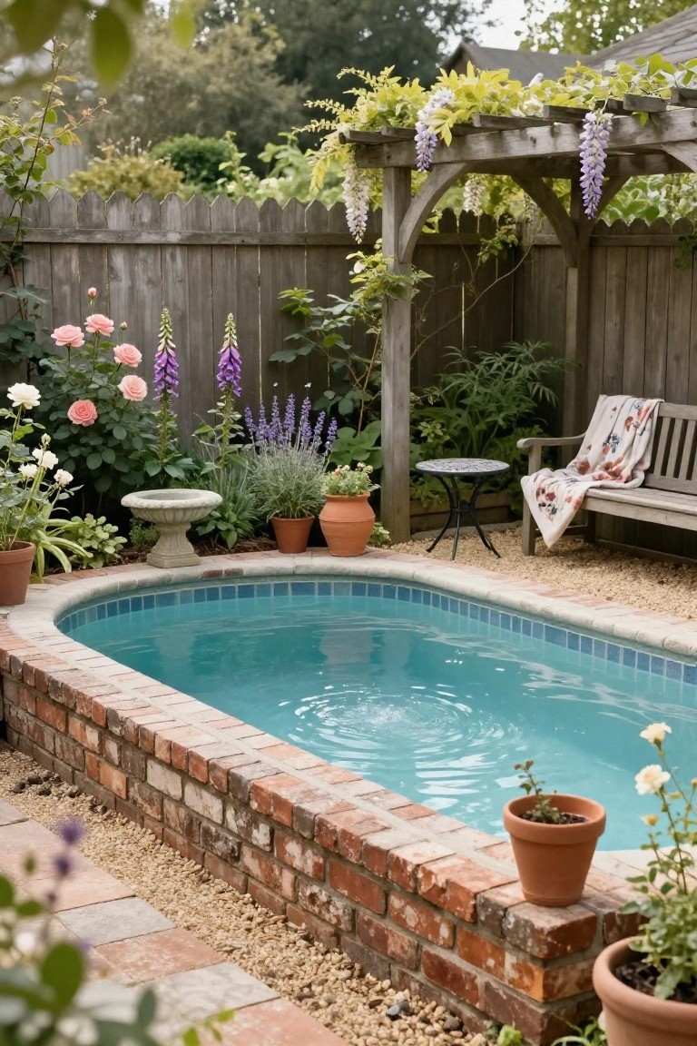 Small turquoise-tiled semi-inground pool with brick surround in a lush backyard garden featuring pink roses, purple foxgloves, lavender plants, a stone birdbath, terracotta pots, a wooden bench with a blanket, and a wisteria-draped pergola against a wooden fence.