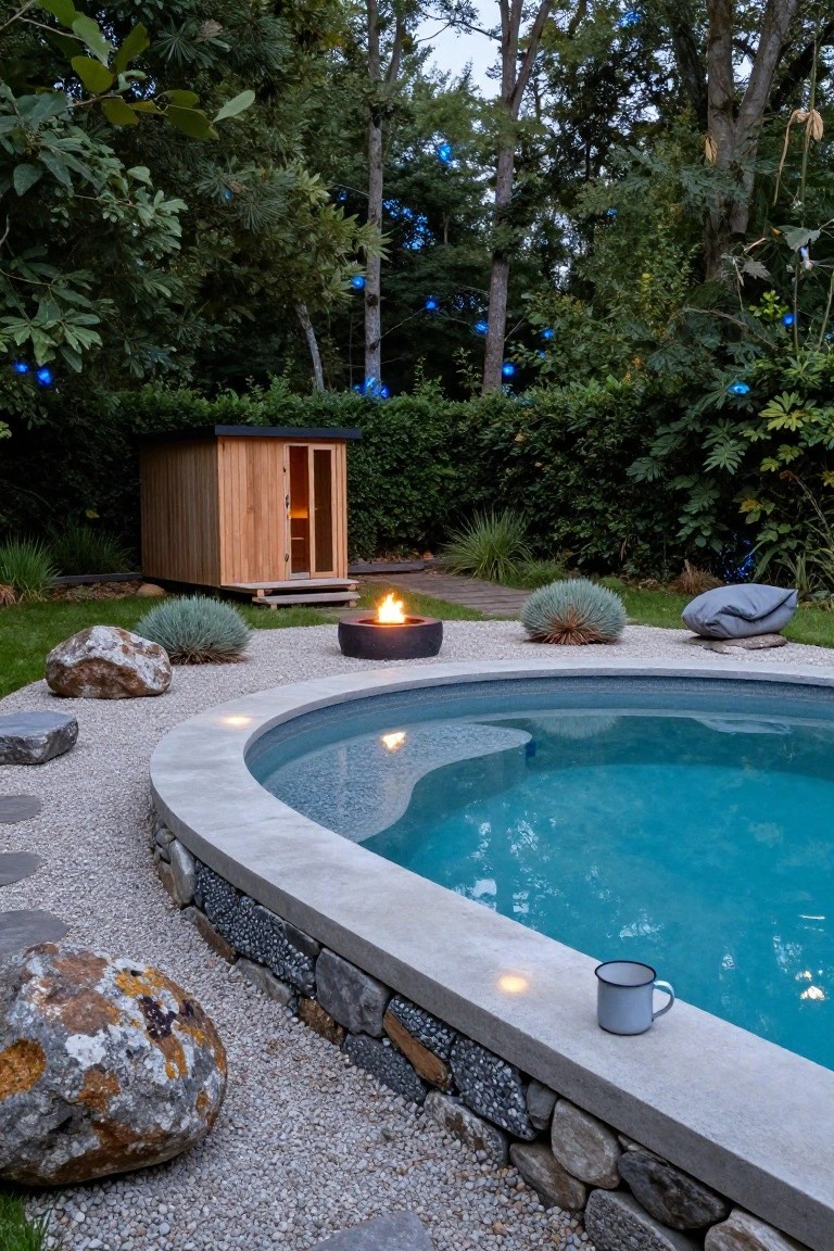 Curved semi-inground pool with concrete ledge surrounded by white gravel, large moss-covered boulders, agave plants, a lit black fire pit bowl, blue lounge cushion, and wooden sauna cabin in wooded garden with blue string lights.