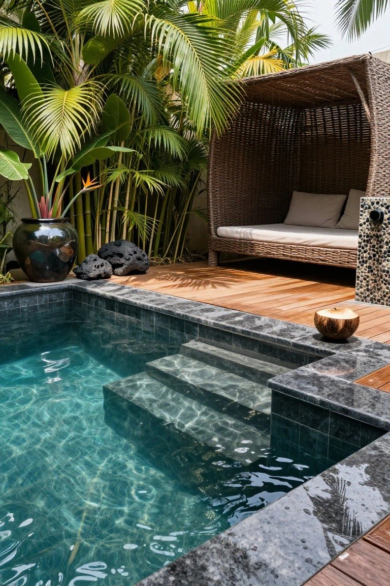 Small turquoise semi-inground pool with dark tiled edges and built-in steps next to a teak wood deck holding a curved wicker daybed pavilion with white cushions, surrounded by tropical plants, bamboo, palms, black lava rocks, and a large black pot.