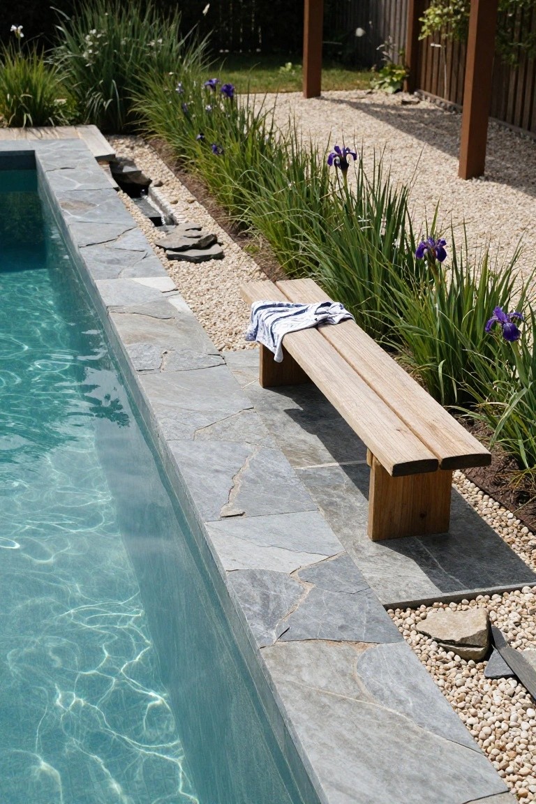 Semi-inground swimming pool edged with irregular gray stone slabs, wooden bench with blue towel on top, gravel and pebble ground cover, tall ornamental grasses, and purple iris flowers along the side.