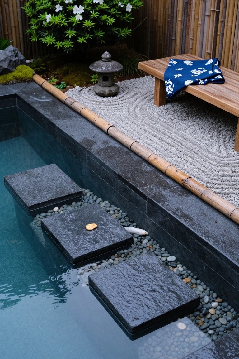 Semi-inground turquoise pool featuring black rectangular stone steps protruding into the water, surrounded by gray pebbles, white raked gravel in circular patterns, bamboo fencing, stone lantern, wooden bench with blue patterned towel, azalea plants, and mossy rocks.