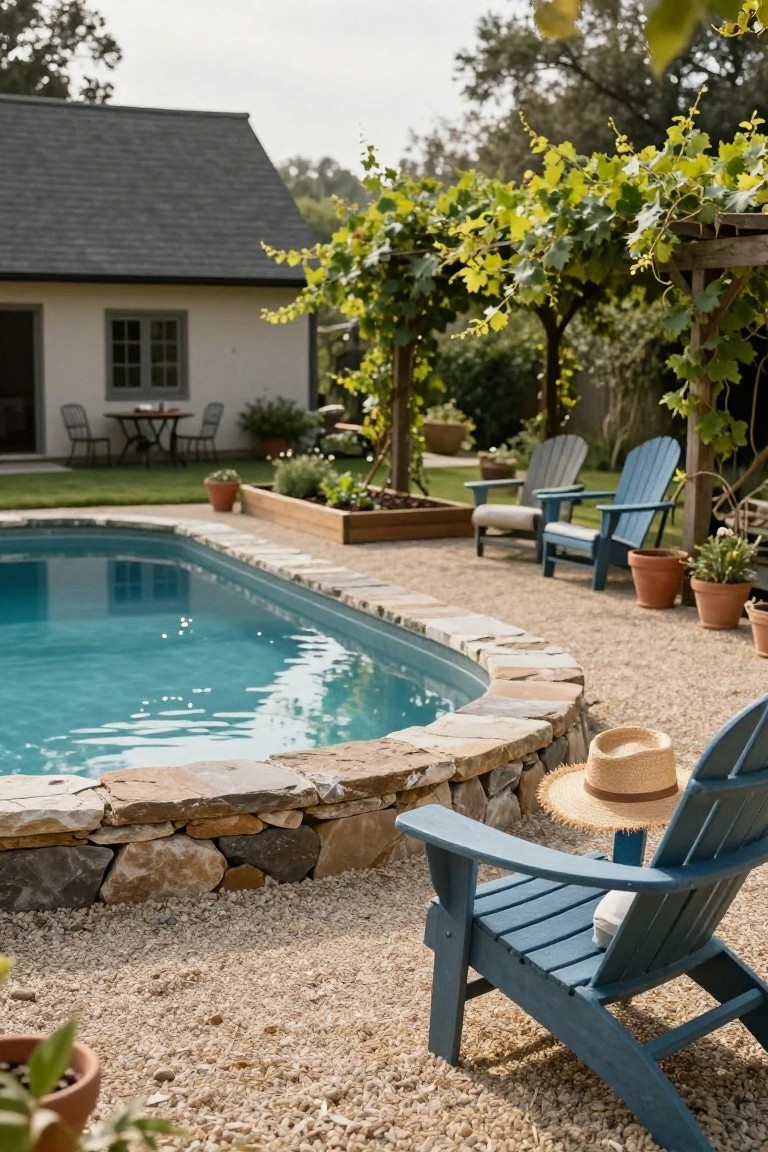 Oval semi-inground pool with natural stacked stone walls around the edges, surrounded by gravel ground cover, blue and gray Adirondack chairs, potted plants, and a wooden pergola covered in green grapevines next to a white house.
