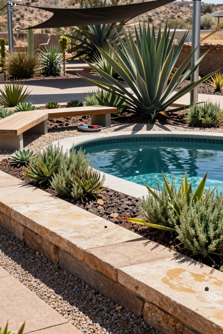 A turquoise semi-inground pool with curved tiled edge, surrounded by agave plants, succulents, stone retaining wall, wooden benches, gravel paths, and desert shrubs under a black shade sail.