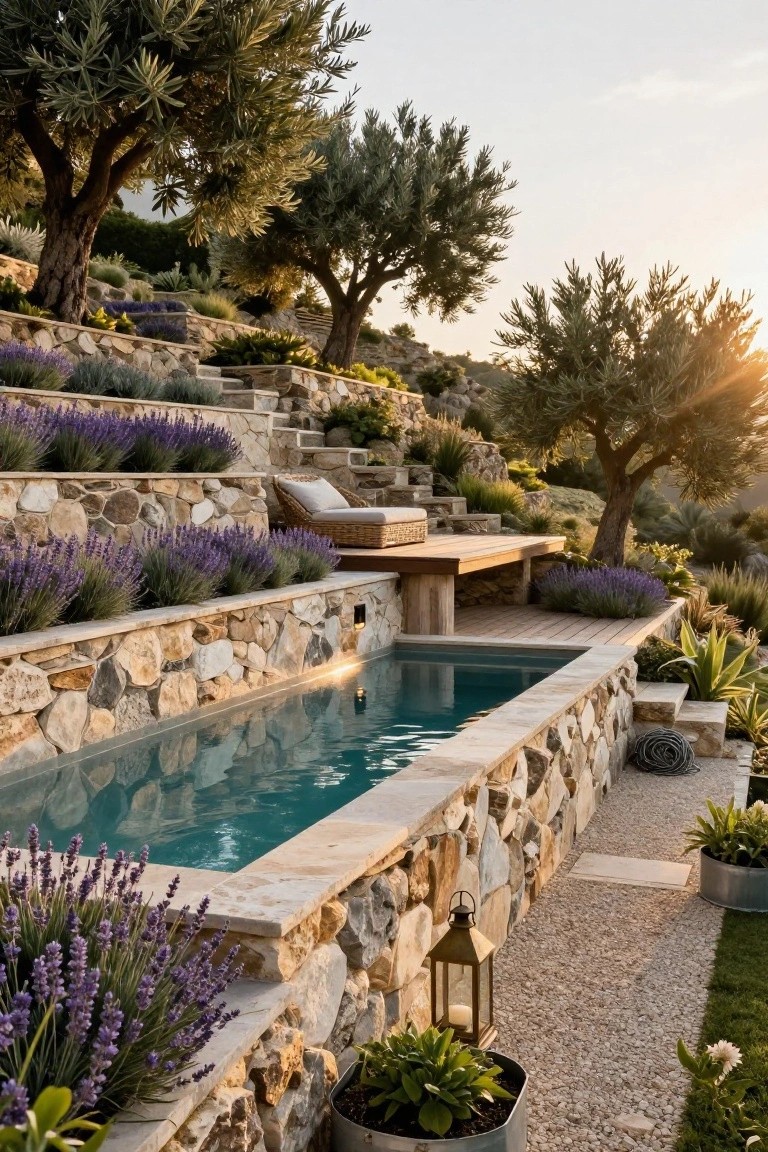 Terraced Stone Walls Around a Pool