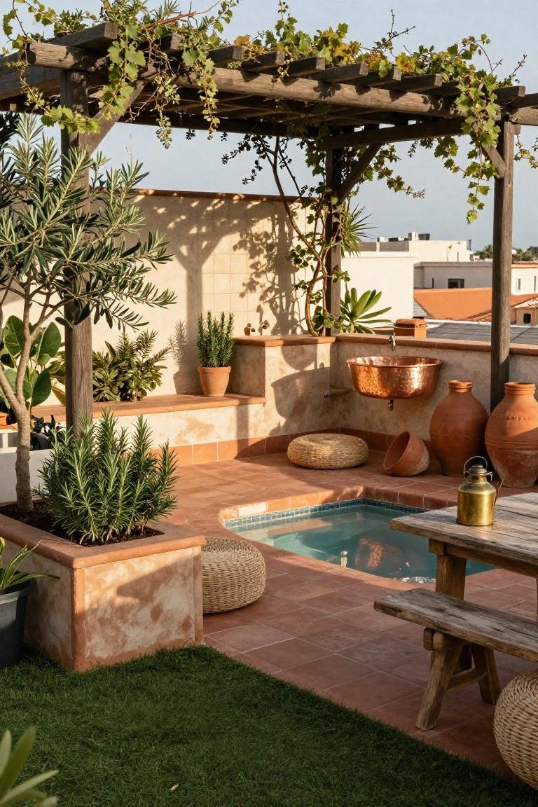 Rooftop terrace with wooden pergola covered in green vines over a small turquoise semi-inground pool, terracotta tiled floor, potted plants including olive tree and rosemary, wooden table and benches, woven poufs, copper basin sink, and large terracotta pots against stucco walls.