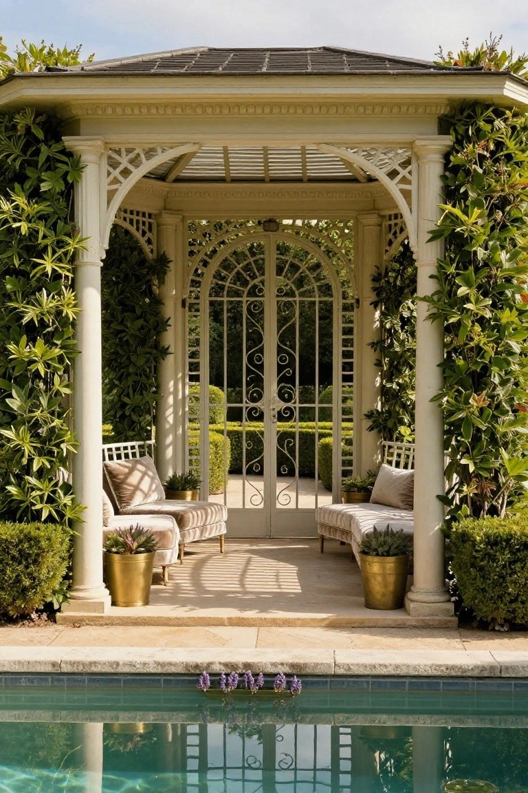 White arched cabana with wrought iron doors flanked by climbing green plants on columns, cushioned benches inside, potted plants, and a turquoise pool with purple flowers in the foreground.