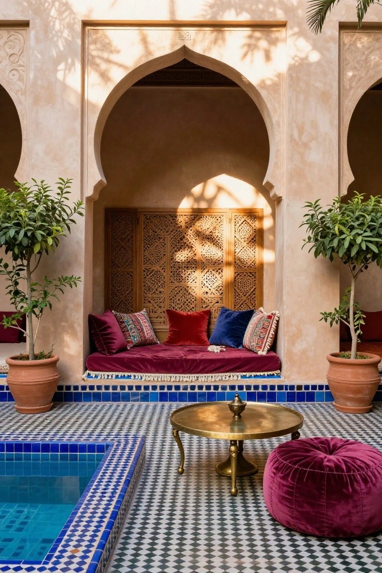 Moroccan-style outdoor pool cabana with shaded arched alcove featuring latticed wood screens, built-in red velvet daybed with assorted pillows, brass table with incense burner, purple velvet pouf, small blue-tiled pool, black-and-white zellige floor tiles, and potted orange trees.