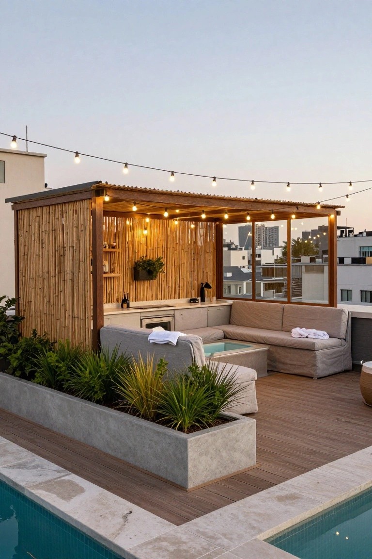 Rooftop outdoor cabana with bamboo walls and pergola roof strung with lights, featuring a white countertop kitchenette, gray L-shaped sofa, plants in concrete planters, wooden decking, and turquoise pool edge in foreground.