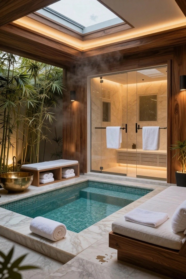 Small turquoise mosaic-tiled plunge pool adjacent to a glass-enclosed steam room in a wood-paneled indoor cabana with bamboo plants, marble flooring, benches with towels, and a skylight above.