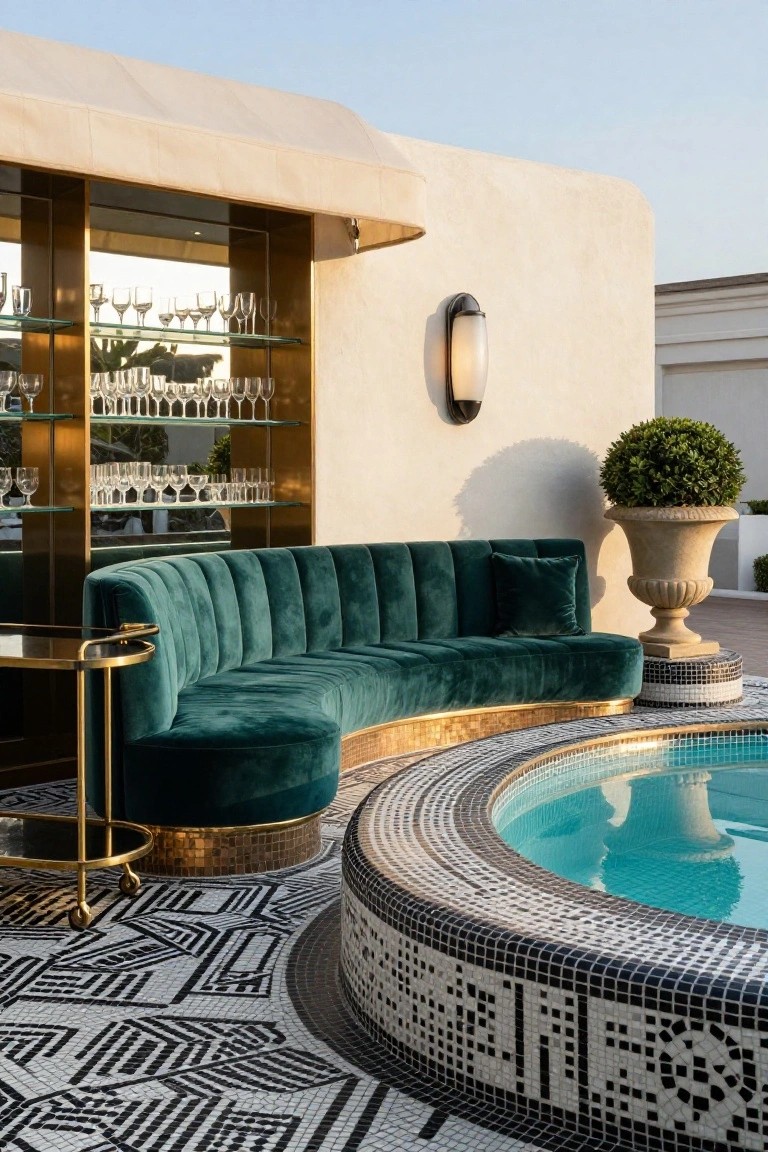 Curved emerald green tufted velvet sofa beside a small mosaic-tiled pool in an outdoor cabana with gold bar cart, glassware bar cabinet, potted plants, and black-and-white geometric floor tiles.