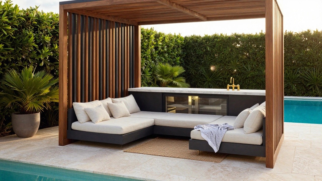 Open-frame pool cabana with black steel supports, teak wood roof and accents, white marble bar counter with gold faucet and rattan stools, adjacent wooden daybed with pillows and throw, turquoise pool, potted palms, and green hedge backdrop.