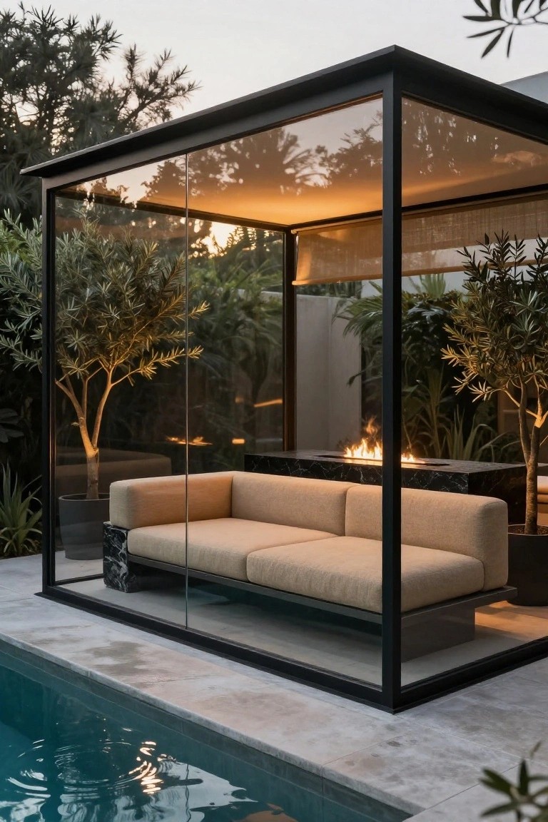 Glass-walled pavilion beside a turquoise pool containing a beige L-shaped sofa, black marble fire pit table with flames, potted olive trees, and surrounding greenery on a concrete patio.