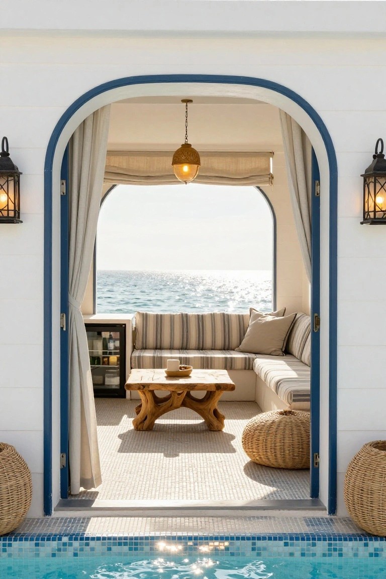 White pool cabana with blue-trimmed arched opening draped in beige linen curtains, built-in striped bench seating, wood coffee table, mini fridge, hanging lantern, wall lanterns, wicker poufs, and foreground pool overlooking ocean.