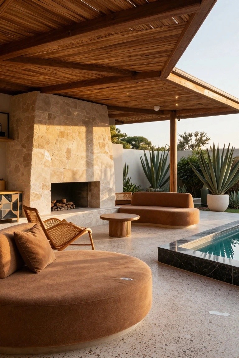 Open-air pool cabana under wooden slatted ceiling with beige stone fireplace containing logs, curved tan upholstered sofa, round wood coffee table, rattan chair with cushions, and nearby infinity-edge pool surrounded by agave plants.