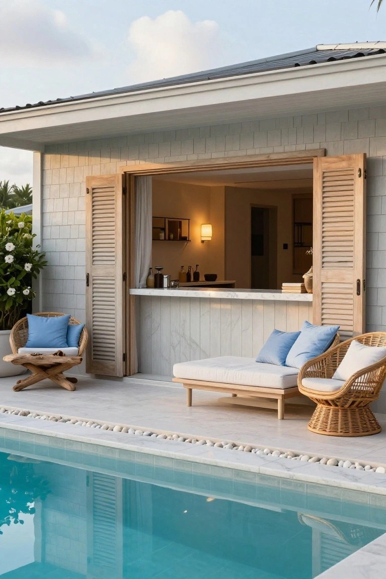 Pool cabana with open wooden louvered shutters revealing a white marble bar counter inside, rattan chairs and daybed on a stone deck next to a turquoise pool edged with white pebbles and tropical plants.