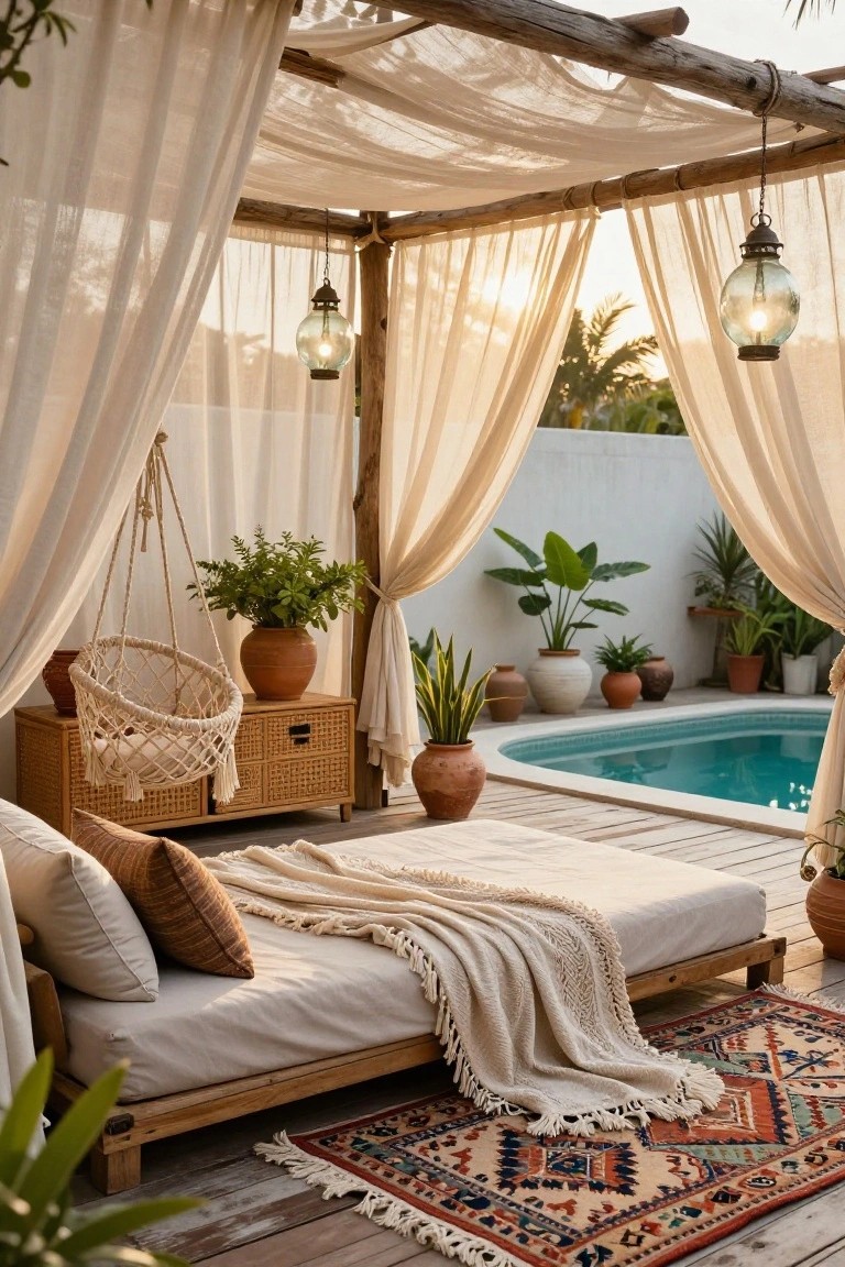 Wooden-framed outdoor cabana with beige sheer draped canopy, low beige platform bed with pillows and throw, woven hanging chair, potted plants, and curved turquoise pool adjacent to white walls.