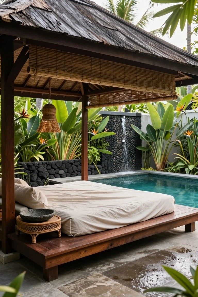 Wooden platform bed with beige bedding next to a small turquoise rectangular pool in an open pavilion with thatched roof, bamboo screens, tropical plants, bird of paradise flowers, and a black stone waterfall wall.