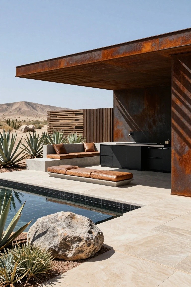 Poolside cabana with overhanging rusted metal roof and walls, tan leather benches, black outdoor kitchen cabinets, infinity-edge pool, agave plants, large boulder, and desert mountains in the background.