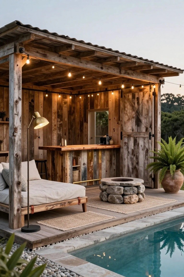 Rustic wooden pool cabana with bar counter, daybed, stone fire pit, potted plants, and string lights beside a turquoise swimming pool.