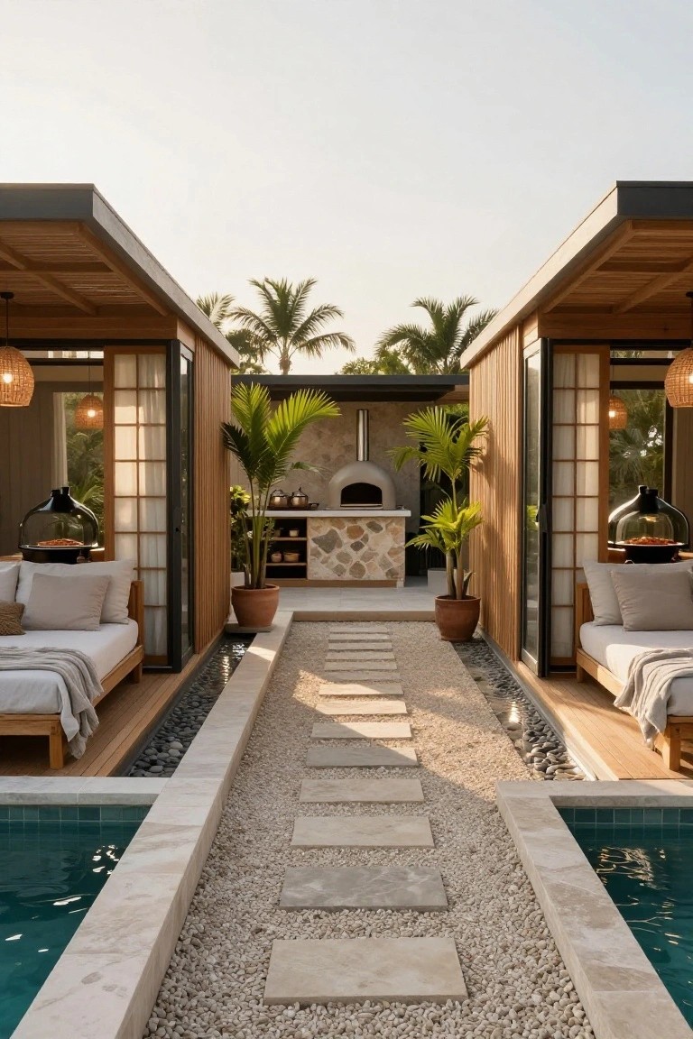 Two open wooden pool cabanas with shoji screens, daybeds, and small turquoise plunge pools flank a central pebbled stone pathway leading to a stone pizza oven surrounded by potted palms.