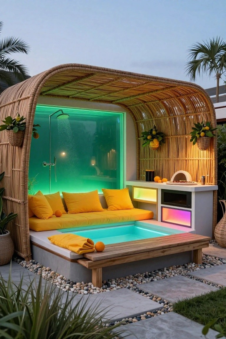 Outdoor curved cabana made of woven rattan enclosing a turquoise-lit hot tub with yellow cushions and a glass-walled shower with running water, accented by orange fruits, plants, and LED lighting.